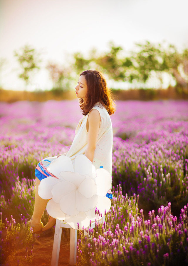 唯美图片紫色花海静待花开唯美清新美女